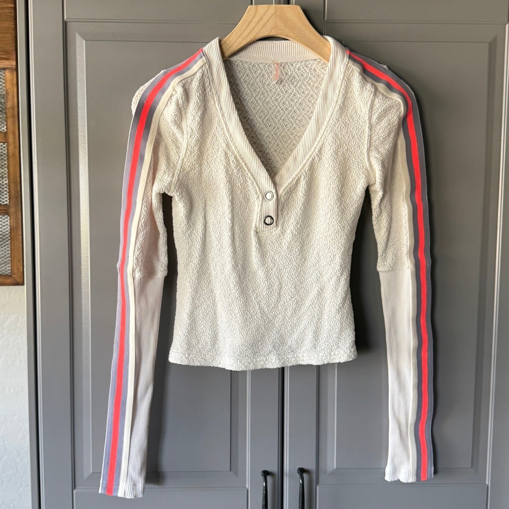 Free People‎ Movement Recovery Layer Stripe Trim Textured Henley Top, White,XS